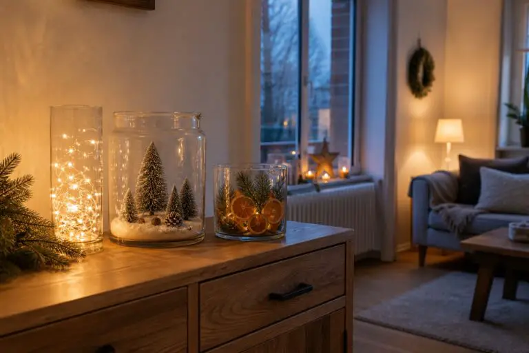 Wohnzimmer mit drei weihnachtlich dekorierten Glasgefäßen auf einem Holzsideboard