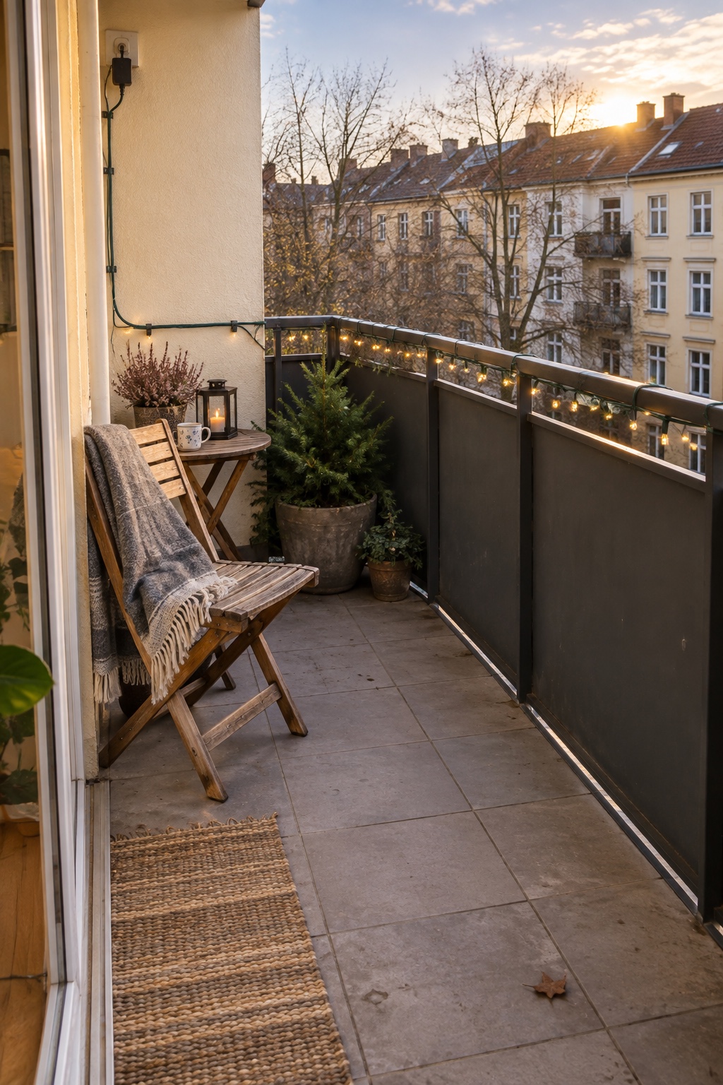 Warmweiße Mini-Lichterkette an der Innenseite eines kleinen bewohnten Balkons mit Holzstuhl und freiem Laufweg