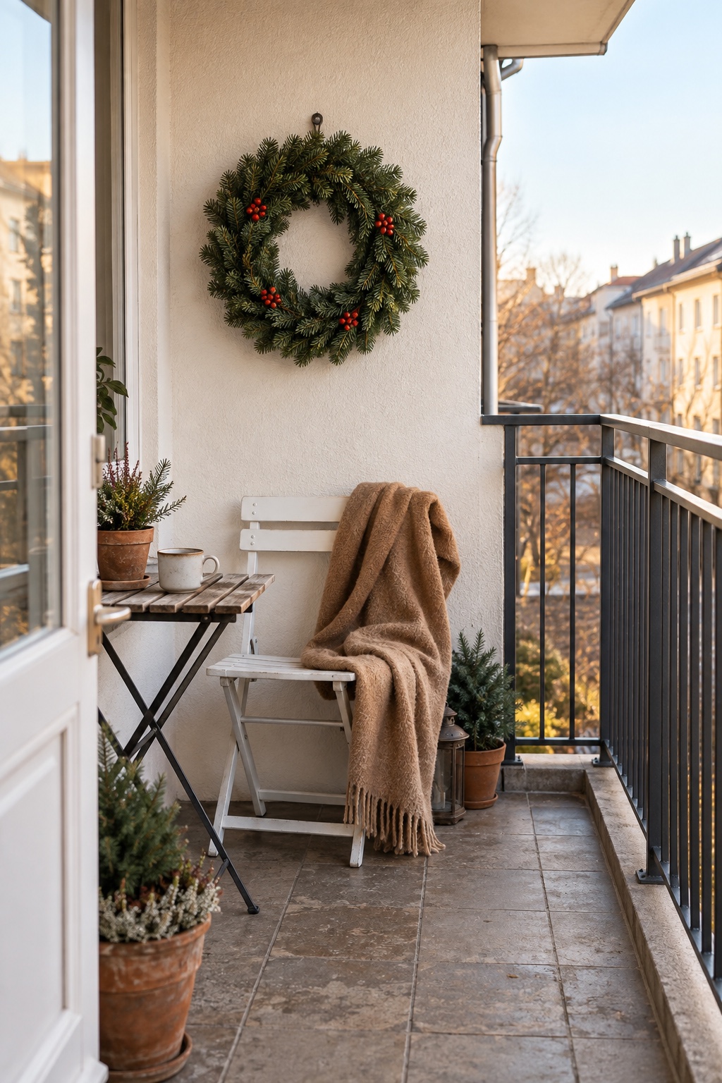 Grüner Weihnachtskranz mit wenigen roten Beeren an der Wand eines kleinen überdachten Balkons