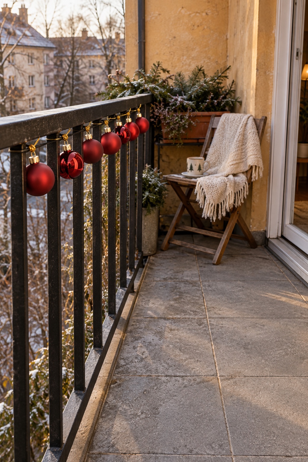 Kleine Weihnachtskugeln sicher an der Innenseite eines Balkongeländers befestigt