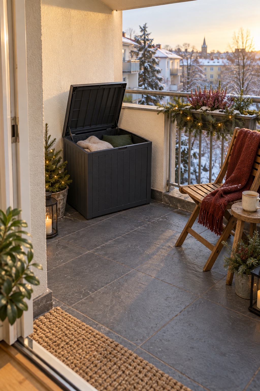 Kleine Balkon-Aufbewahrungsbox mit ordentlich gefalteter Decke neben einer winterlichen Sitzecke