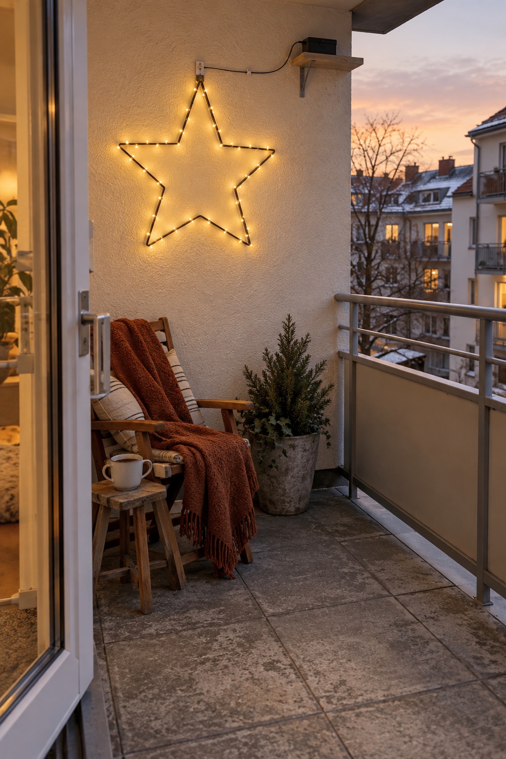 Einzelner warm leuchtender Outdoor-Stern an der geschützten Wand eines schmalen Balkons