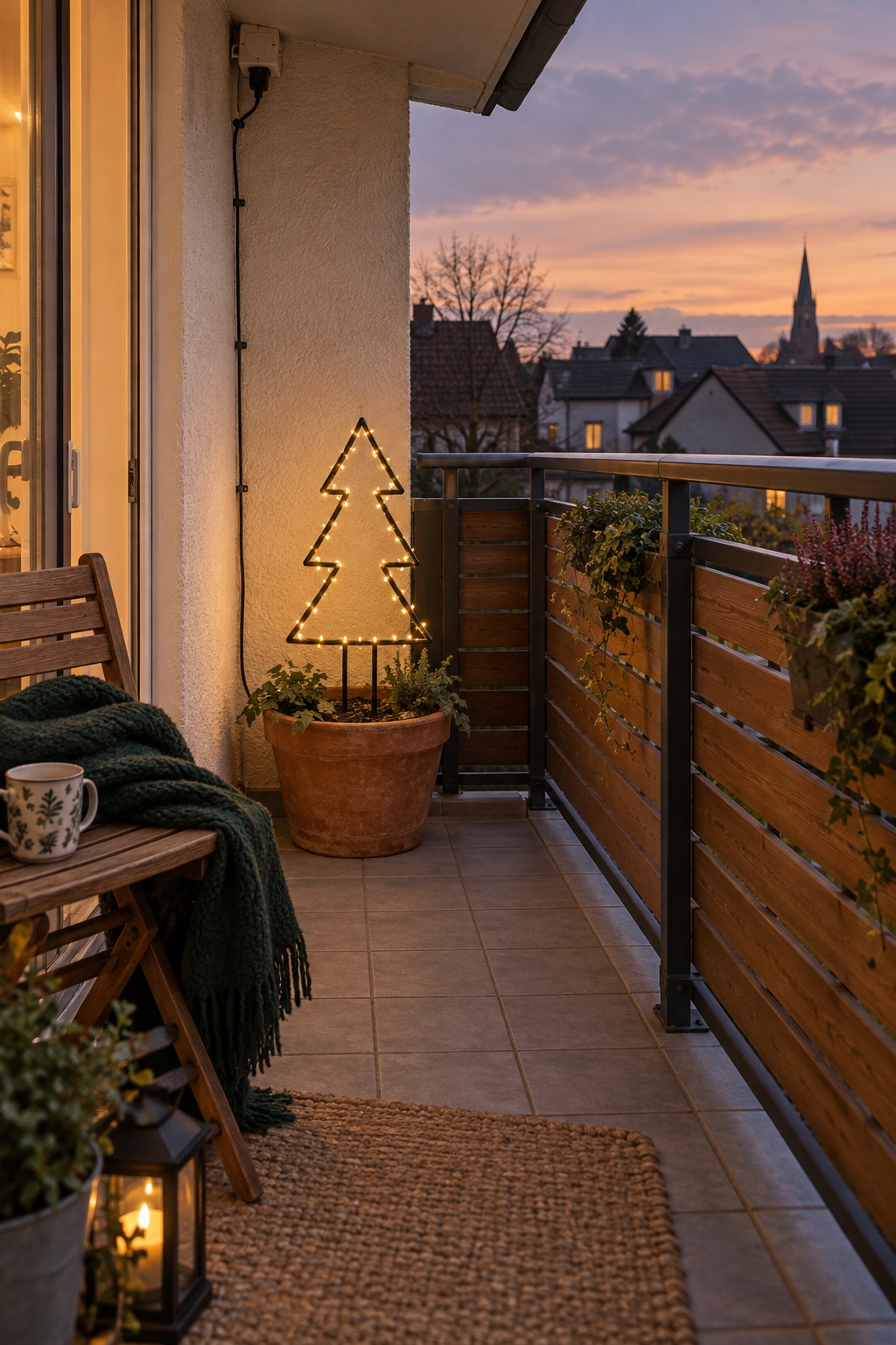 Kleine warm leuchtende Tannenbaum-Silhouette mit Erdspieß in einem standfesten Kübel auf dem Balkon