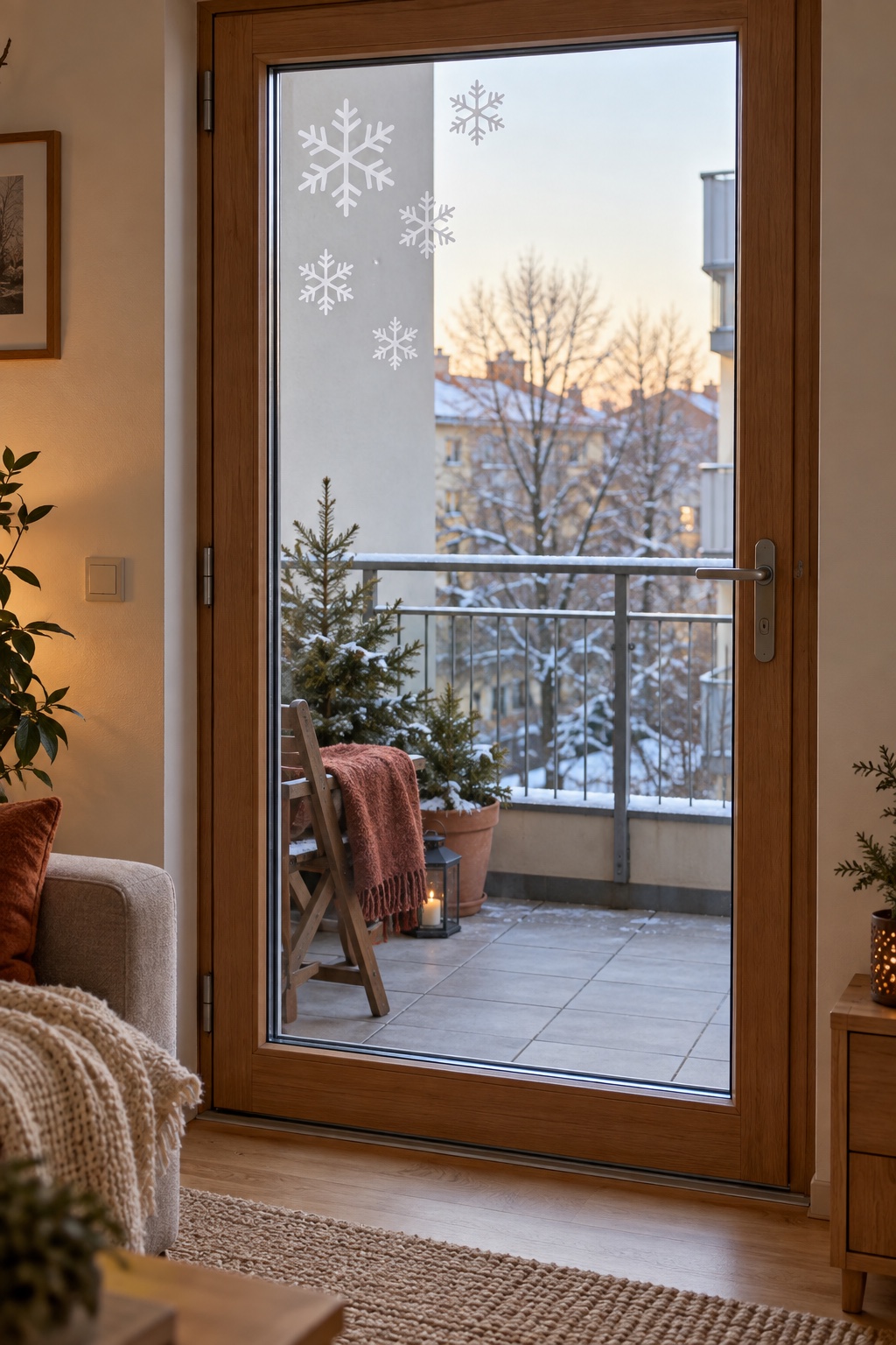 Kleine weiße Schneeflocken auf der Innenseite einer Balkontür mit Blick auf einen bewohnten Balkon