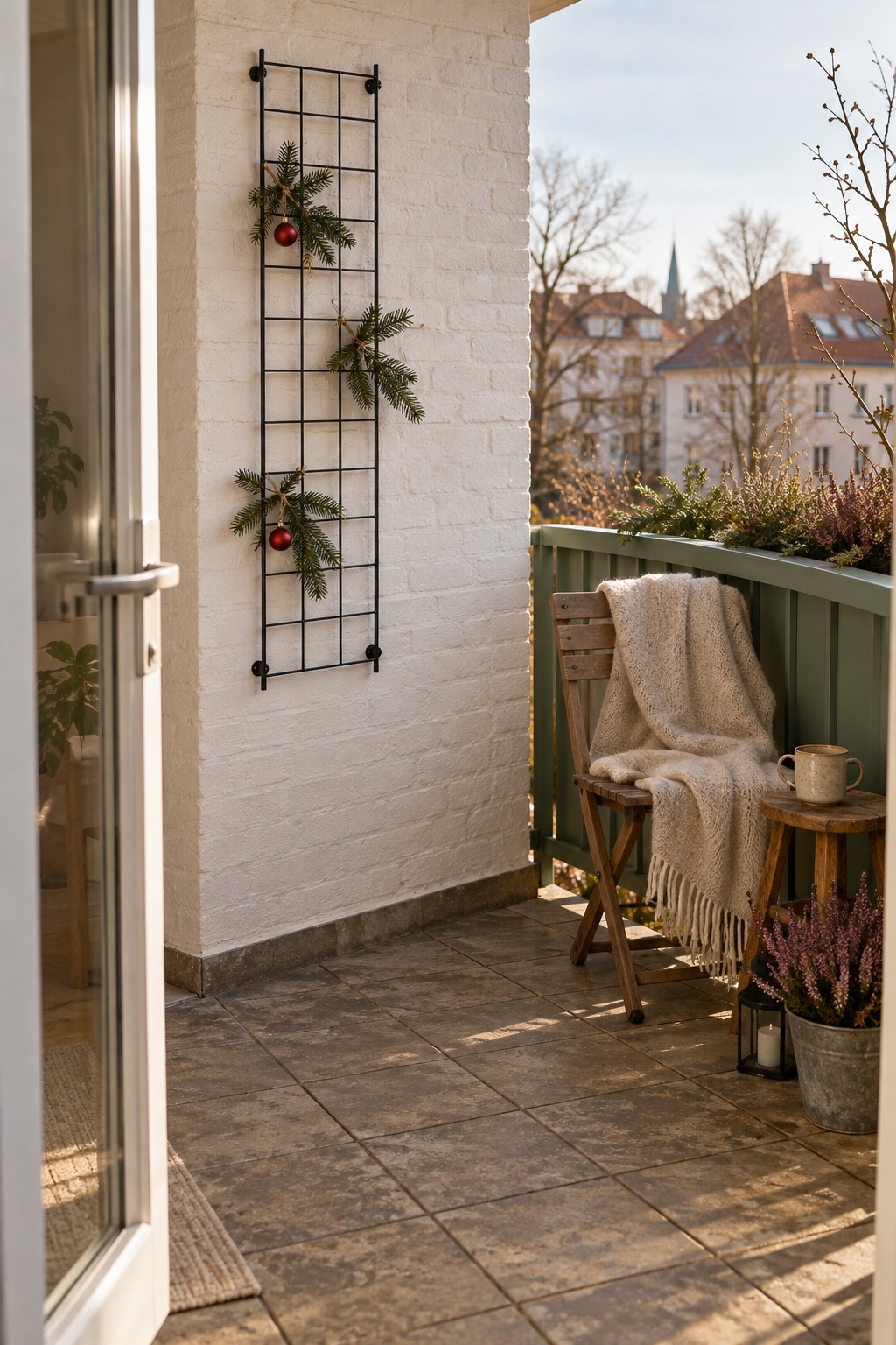 Schmales fest montiertes Wandgitter mit kurzen grünen Zweigen und wenigen Weihnachtsanhängern auf einem Balkon