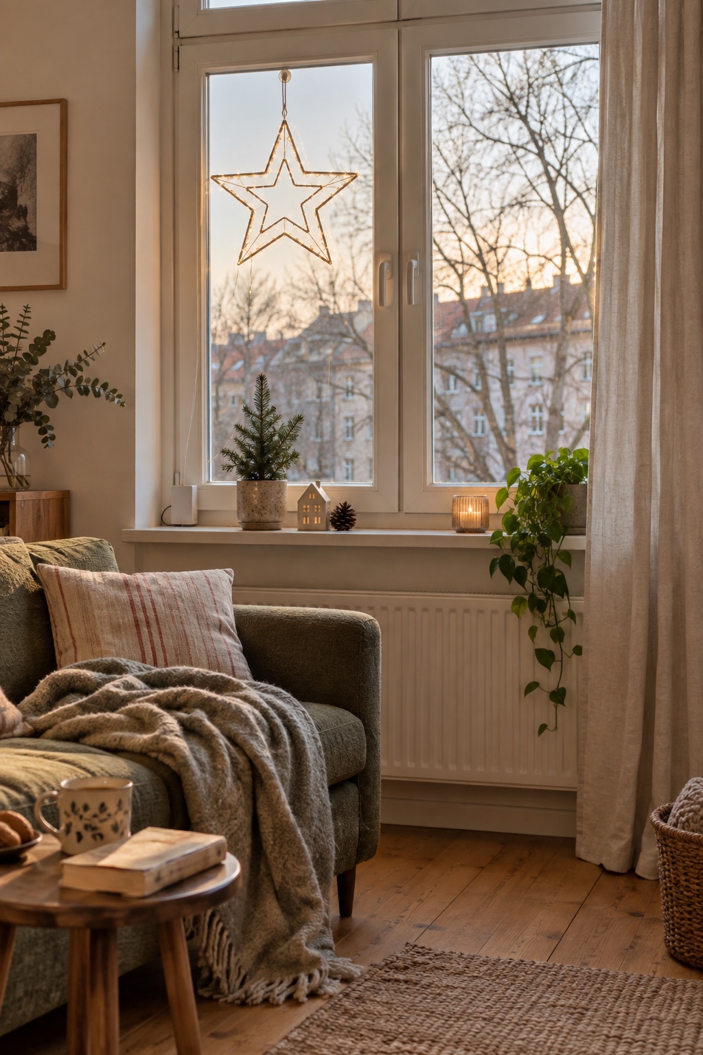 Warmweißer Metallstern im Fenster einer gemütlichen kleinen Sofaecke