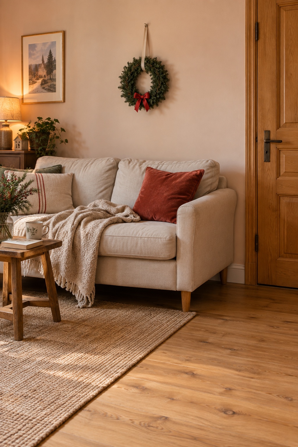 Kleiner grüner Weihnachtskranz über einem gemütlichen Sofa neben einer Holztür