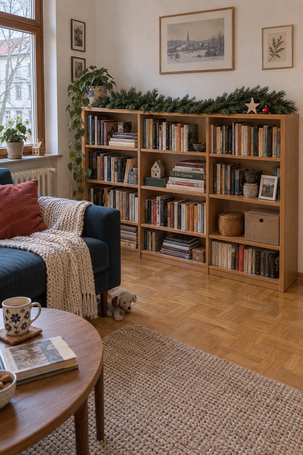 Grüne Tannengirlande auf einem Bücherregal in einem kleinen bewohnten Wohnzimmer