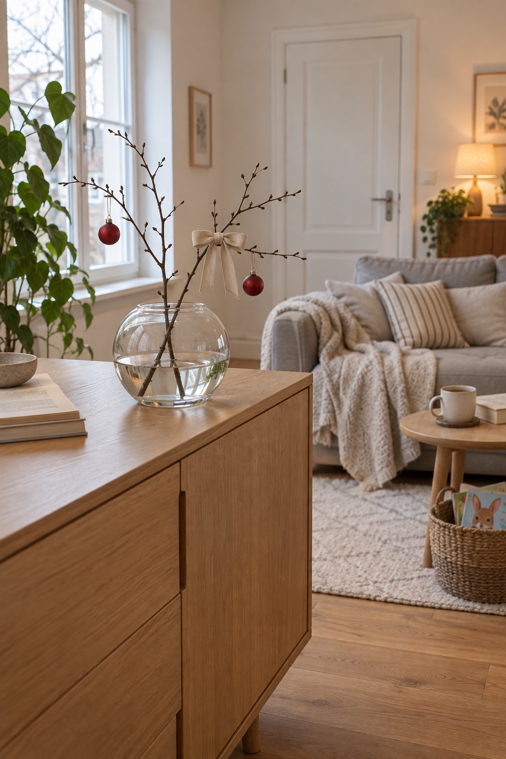 Kurze Weihnachtszweige mit roten Anhängern in einer runden Glasvase auf dem Sideboard