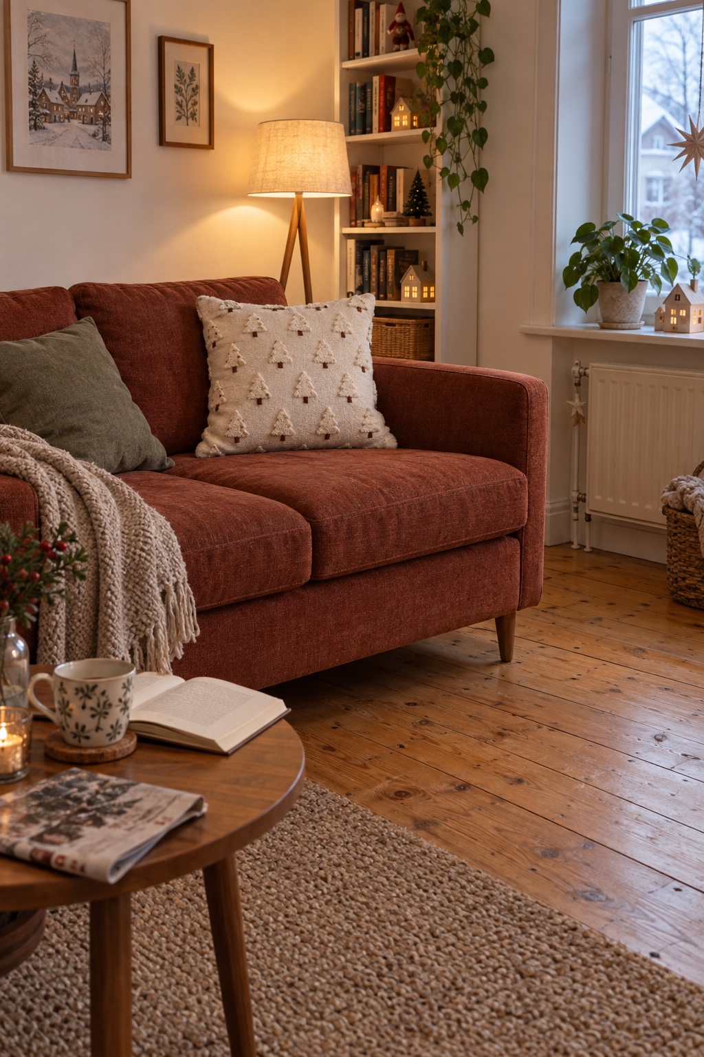 Creme-beige Weihnachtsbaum-Kissenhülle auf einem kleinen rostroten Sofa