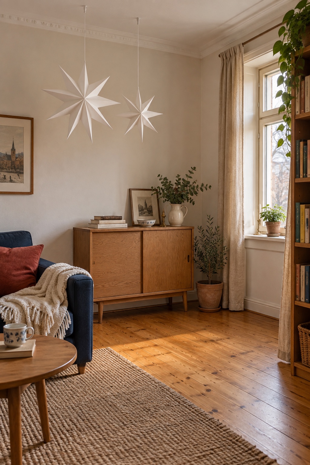 Zwei weiße Papiersterne an einzelnen Deckenhaken über einem Sideboard im kleinen Altbauwohnzimmer