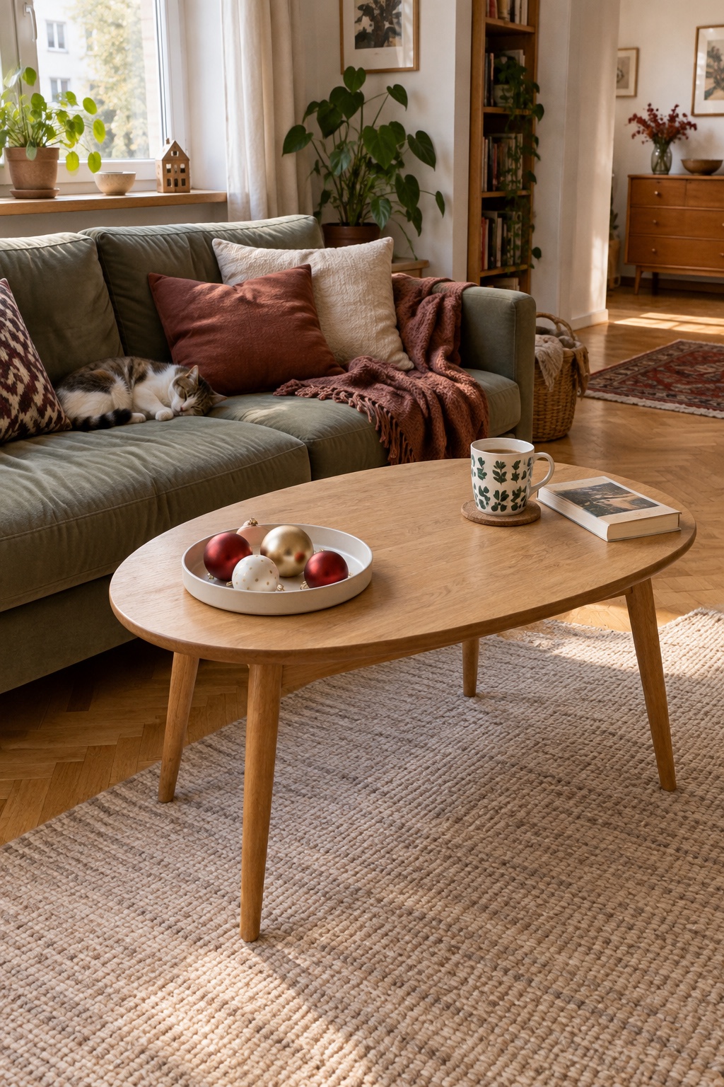 Vier Weihnachtskugeln in einer flachen weißen Schale auf dem Couchtisch vor einem gemütlichen kleinen Sofa