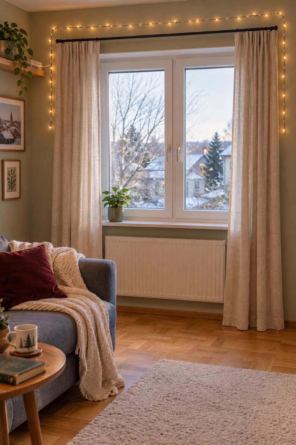Feine warmweiße Lichterkette an Wandclips außen um das Wohnzimmerfenster