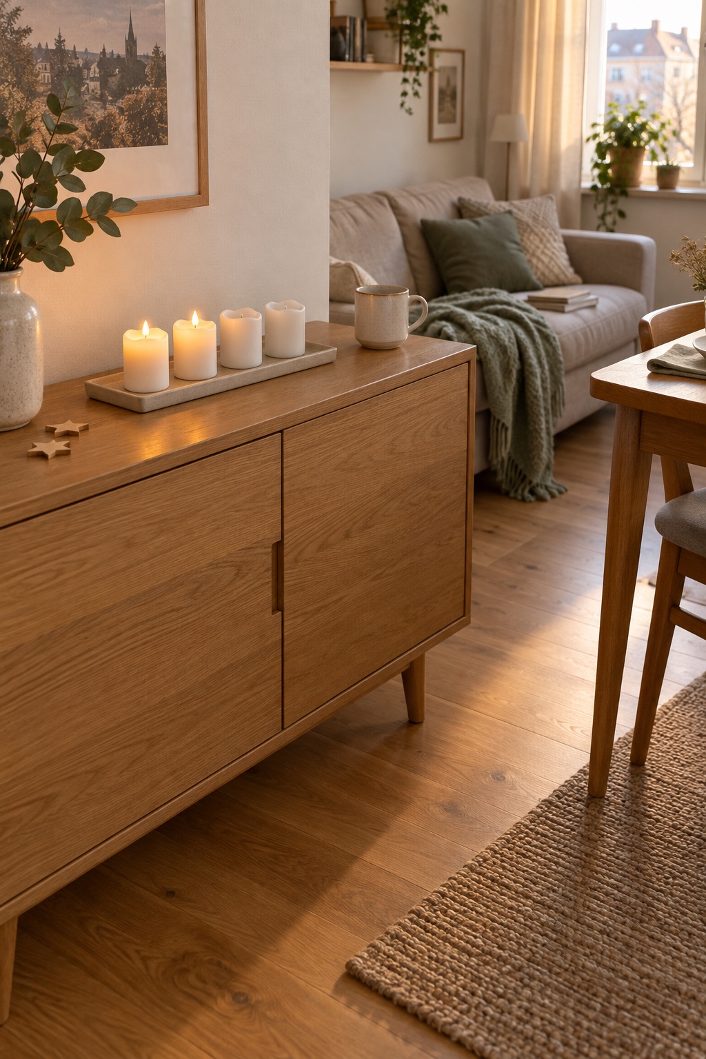 Vier kleine weiße LED-Adventskerzen in einer schmalen Schale auf einem Sideboard im kleinen Wohnzimmer