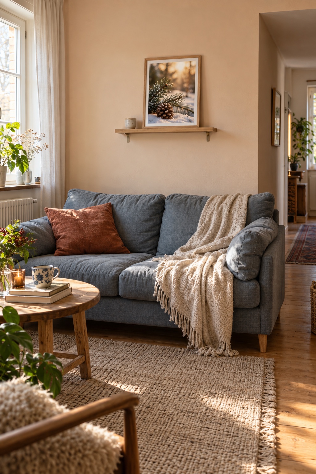 Ein winterliches Naturmotiv im Holzrahmen auf einer Bilderleiste über dem kleinen Sofa