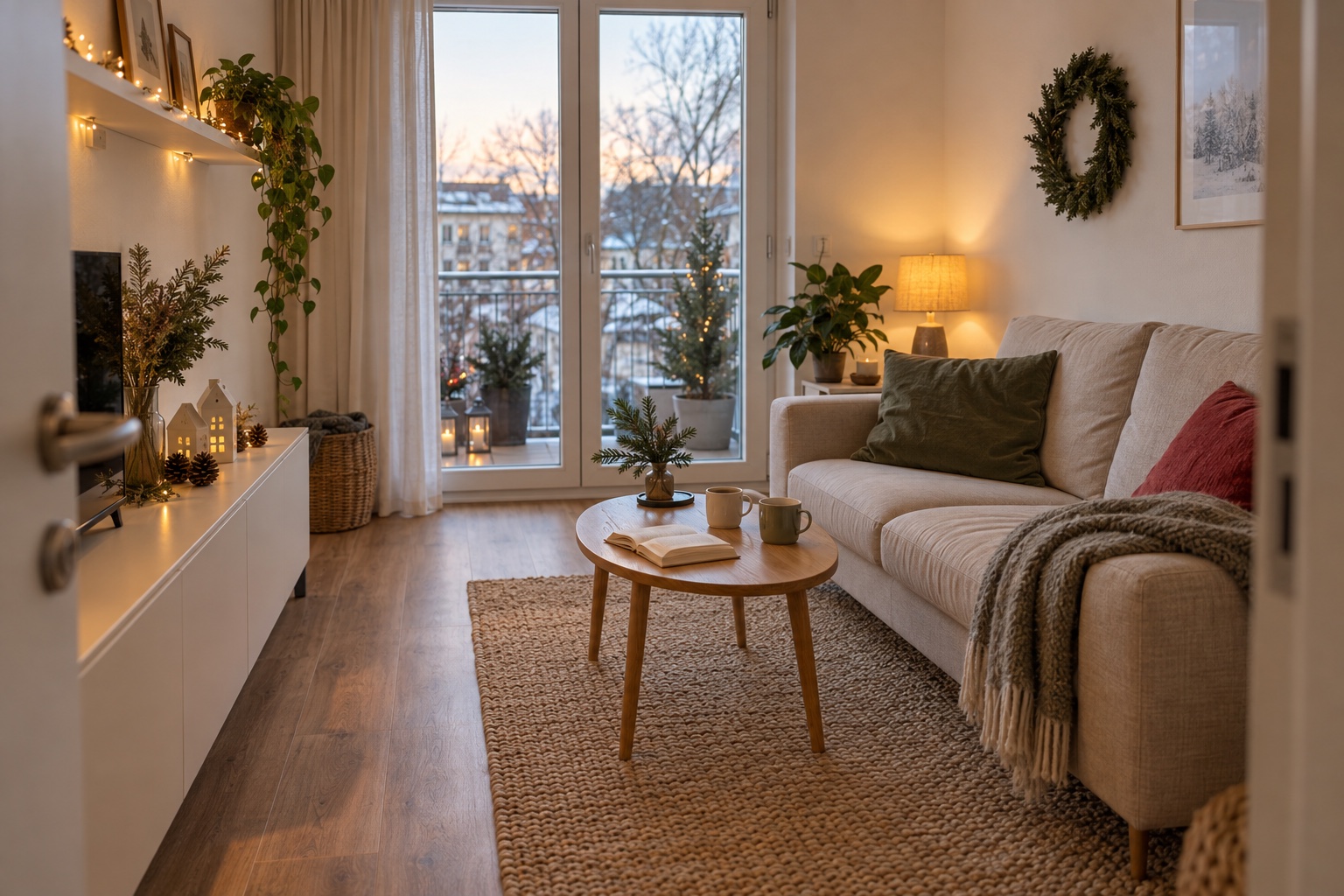 Kleines bewohntes Wohnzimmer mit Weihnachtskranz, Keramikhäusern und warmen Lichtern