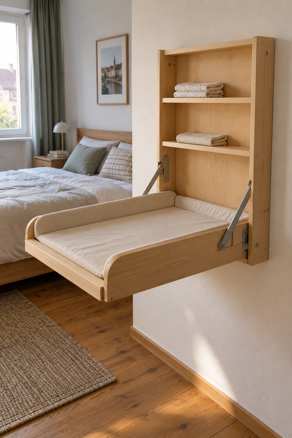 Aufgeklappter Wandwickeltisch aus Holz mit seitlichen Stützarmen