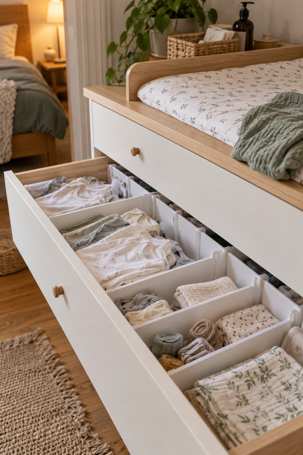 Geöffnete Schublade mit weißen Trennwänden und gefalteter Babykleidung