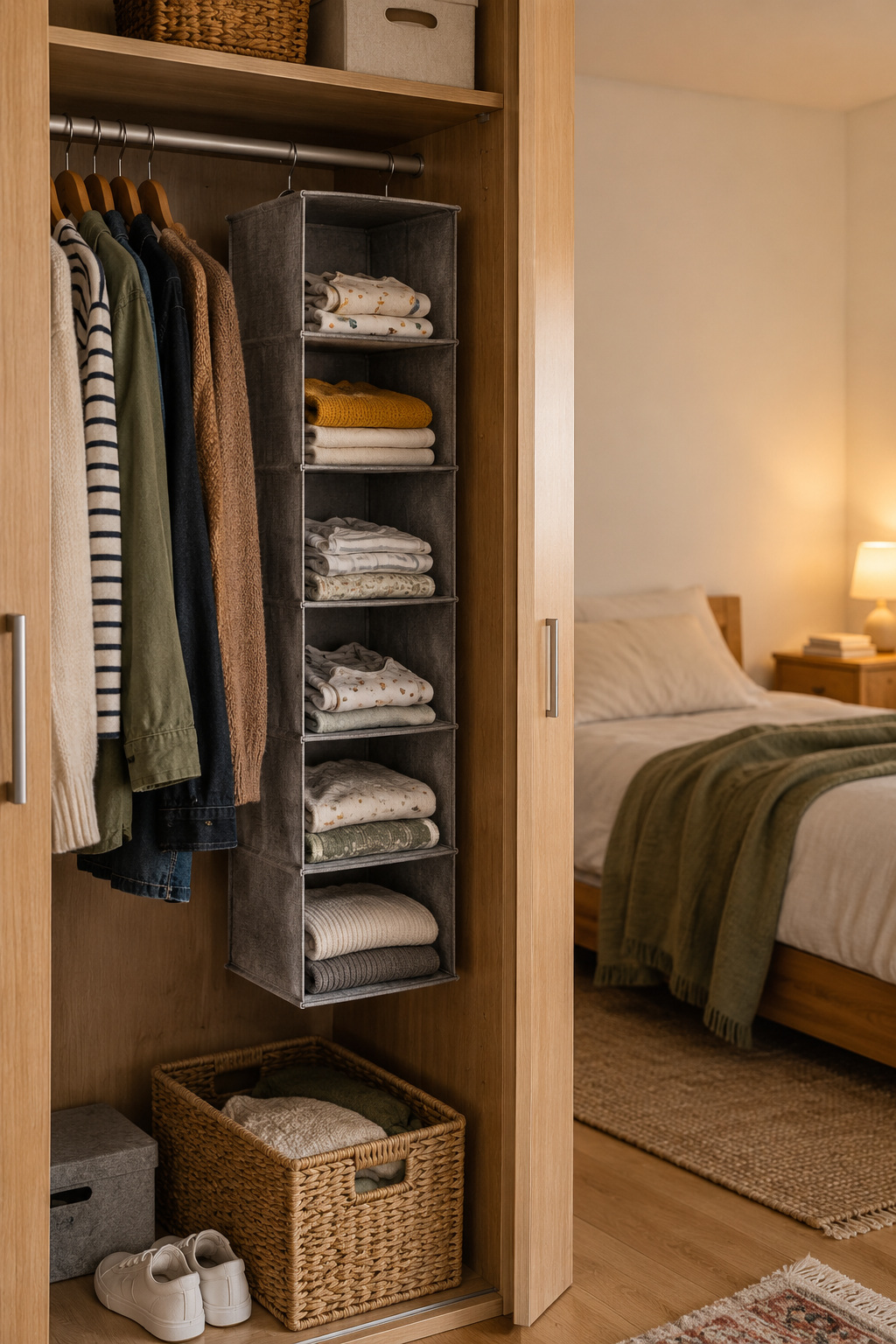 Graues Hängeregal mit Babywäsche zwischen der Kleidung im Elternschrank