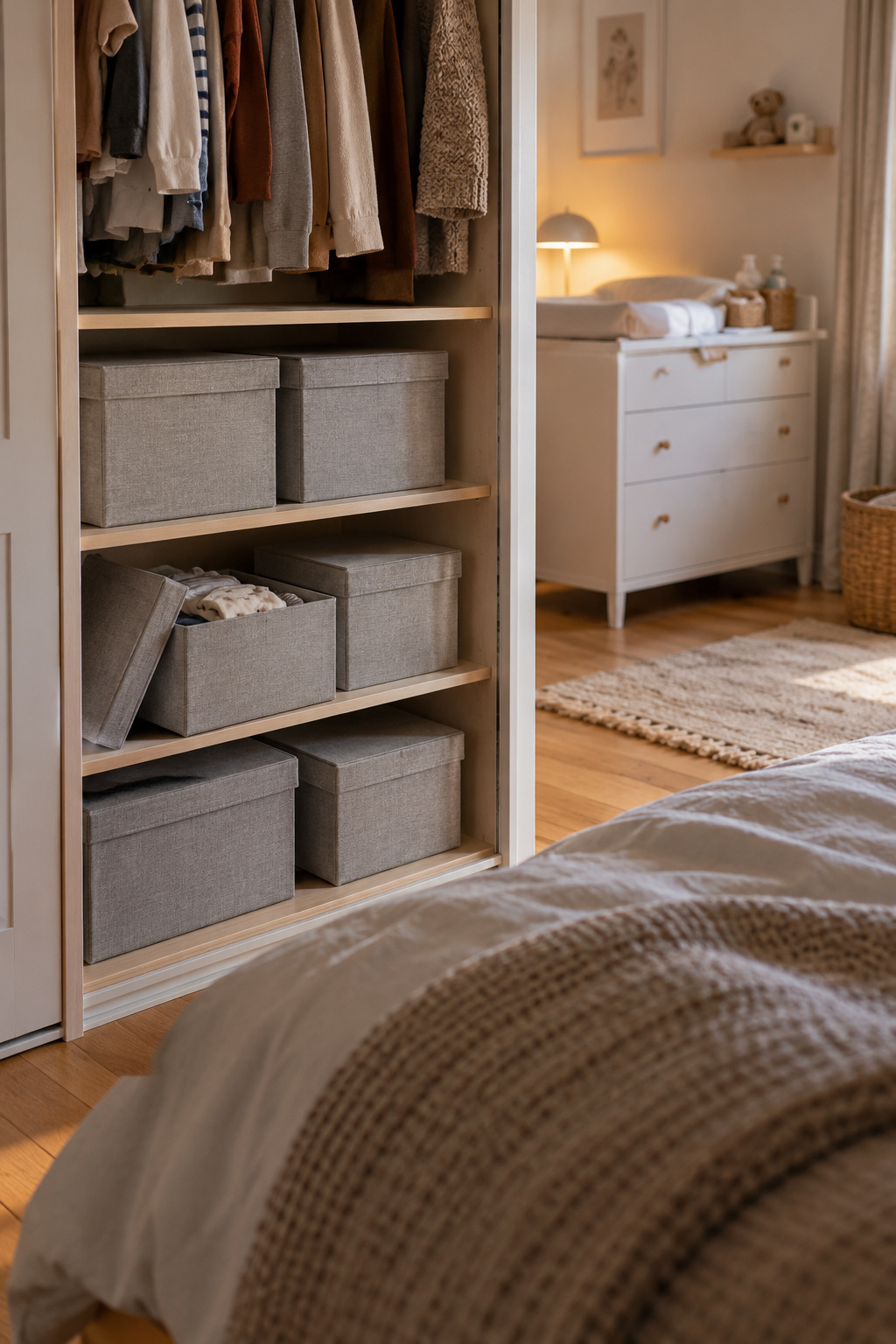 Graue Stoffboxen mit Deckeln für Kleidung im Schrank