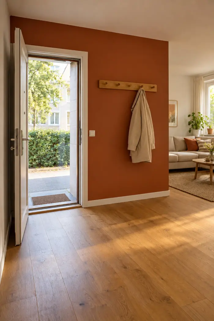 Rostorange Wand neben der offenen Eingangstür und dem Wohnzimmer