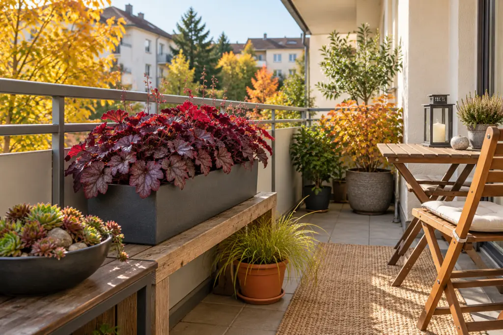 Kleiner Balkon mit winterharten Pflanzen in Kästen, Schale und Kübel