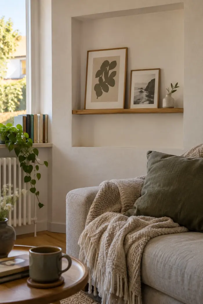 hänge eine Bilderleiste in eine flache Wandnische in kleine bewohnte deutsche Wohnung mit einer klar erkennbaren baulichen Nische