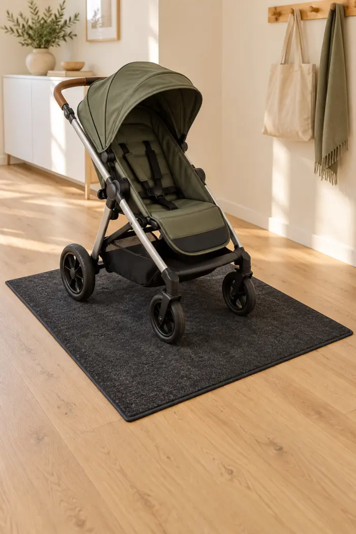 Leerer grüner Kinderwagen mit allen Rädern auf einer großen grauen Matte
