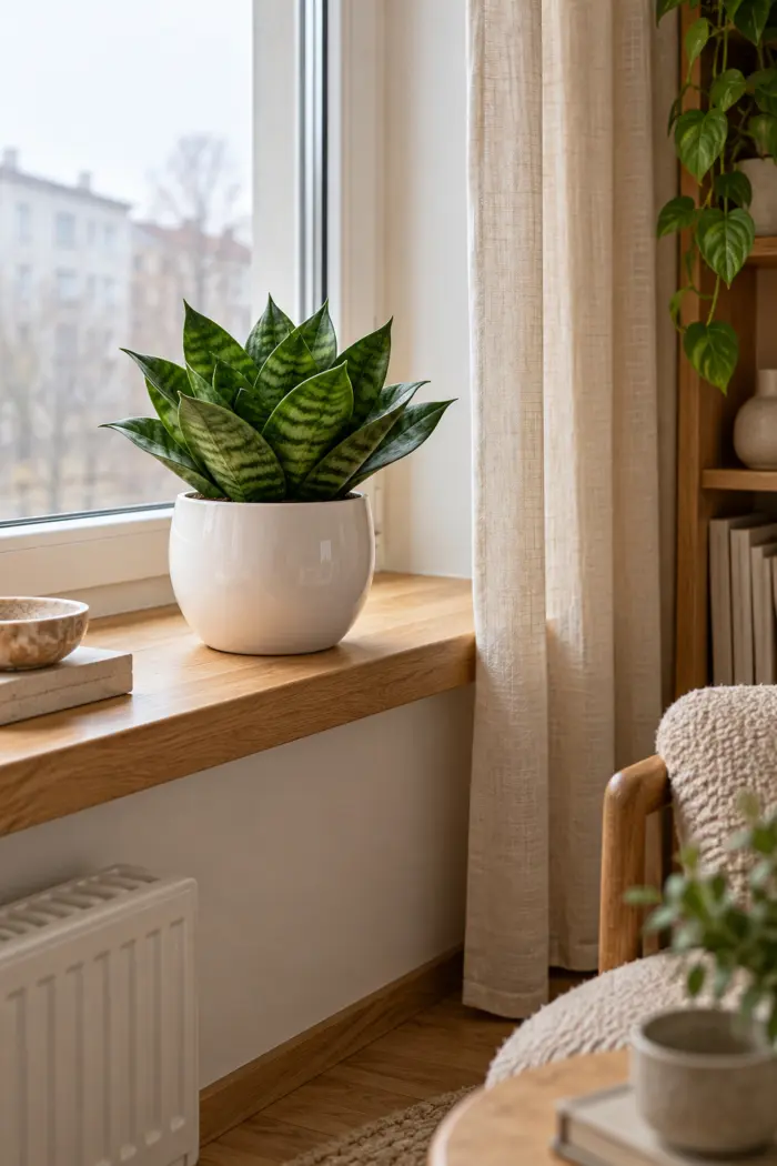 Kompakter Bogenhanf in einem weißen Keramiktopf auf der Fensterbank