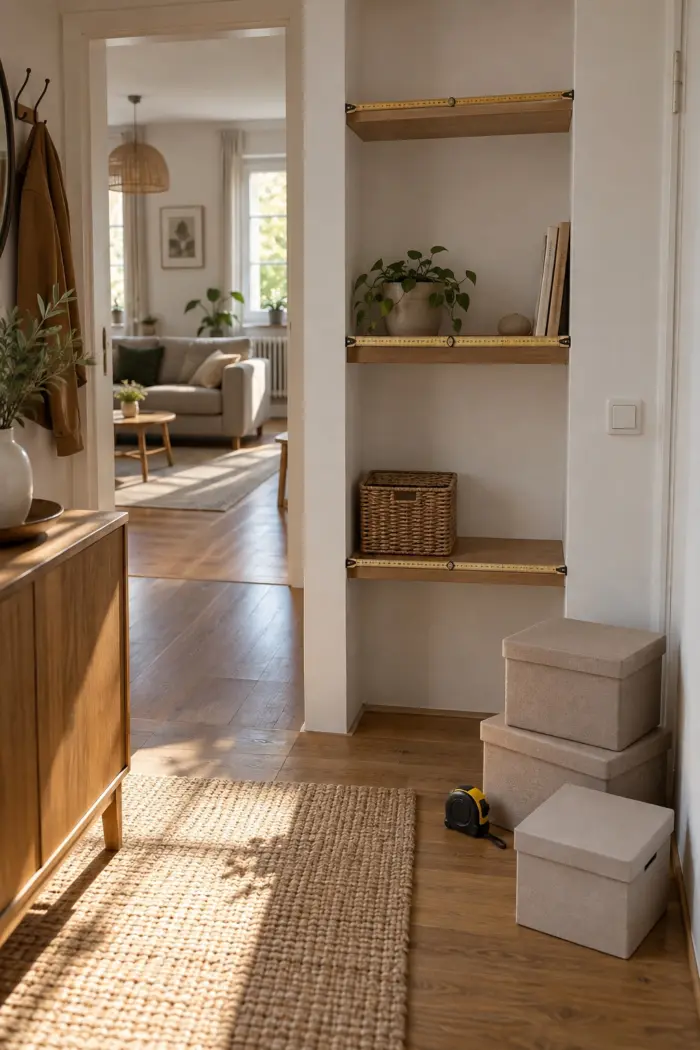 notiere die Maße jeder Nische an drei Stellen in kleine bewohnte deutsche Wohnung mit einer klar erkennbaren baulichen Nische