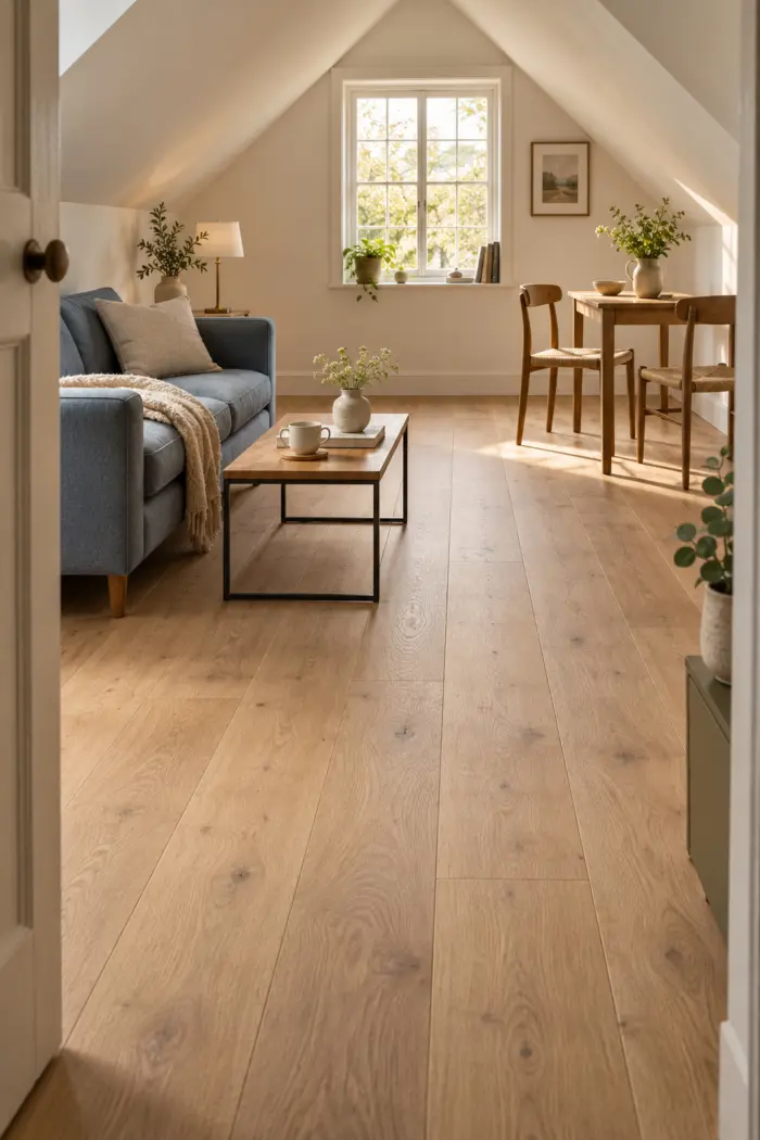 Durchgehender heller Holzboden zwischen Sofa und Esstisch in einer Dachwohnung