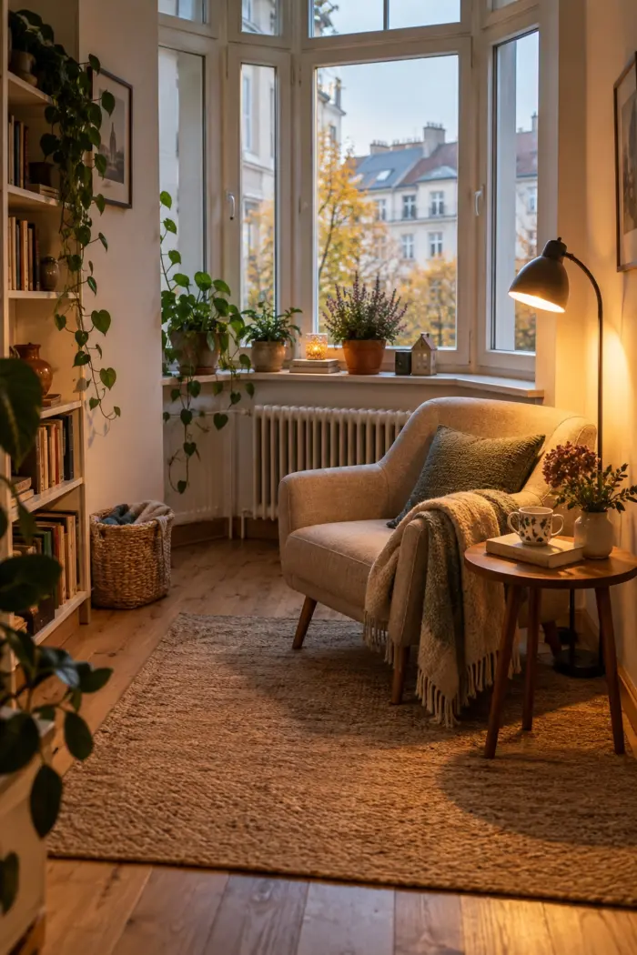 baue eine Leseecke in die Fensternische in kleine bewohnte deutsche Wohnung mit einer klar erkennbaren baulichen Nische