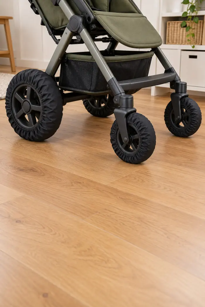 Schwarze Stoffhüllen über den Rädern eines abgestellten leeren Kinderwagens