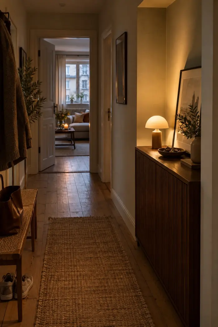 setze eine kleine Lampe auf eine tiefe Konsole in dunklere, aber gemütlich bewohnte deutsche Wohnung mit wenig natürlichem Tageslicht