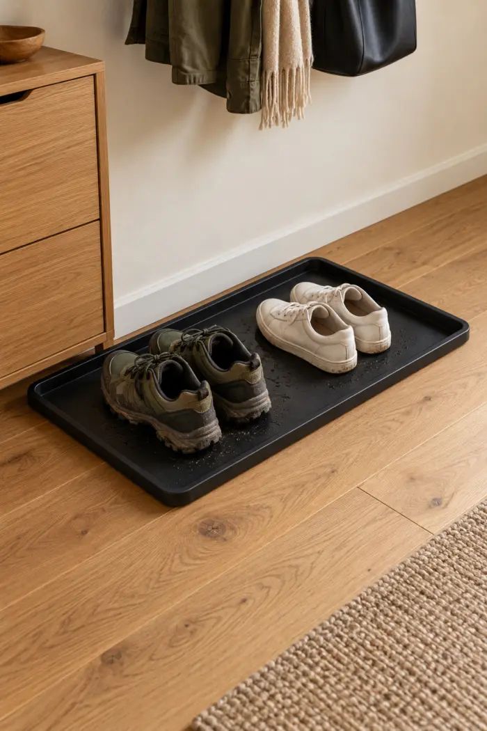 Flache schwarze Schuhabtropfschale mit feuchten Schuhen neben dem Eingang