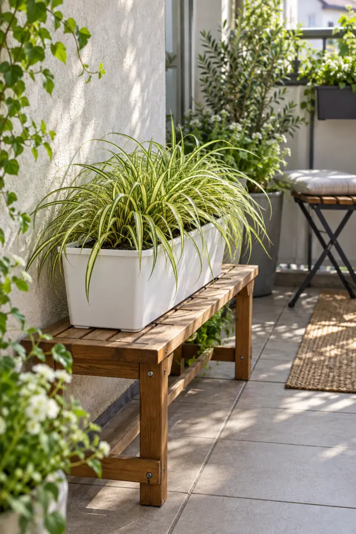 Grün-gelbe Japan-Segge in einem weißen Kasten auf dem Balkon