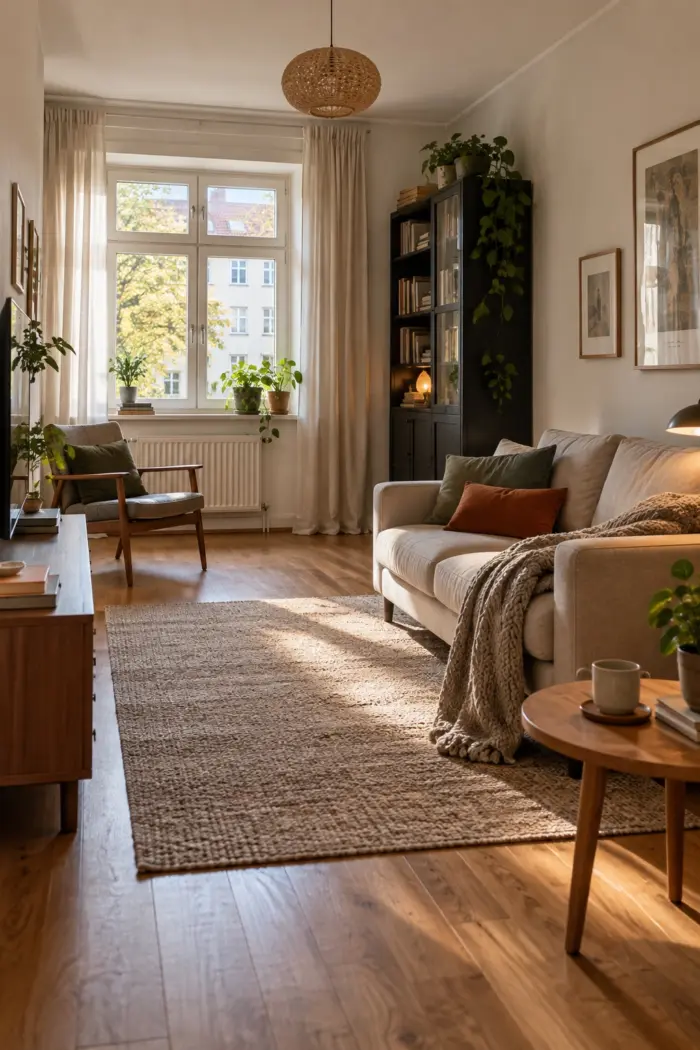 stelle hohe Möbel abseits der Fensterseite in dunklere, aber gemütlich bewohnte deutsche Wohnung mit wenig natürlichem Tageslicht