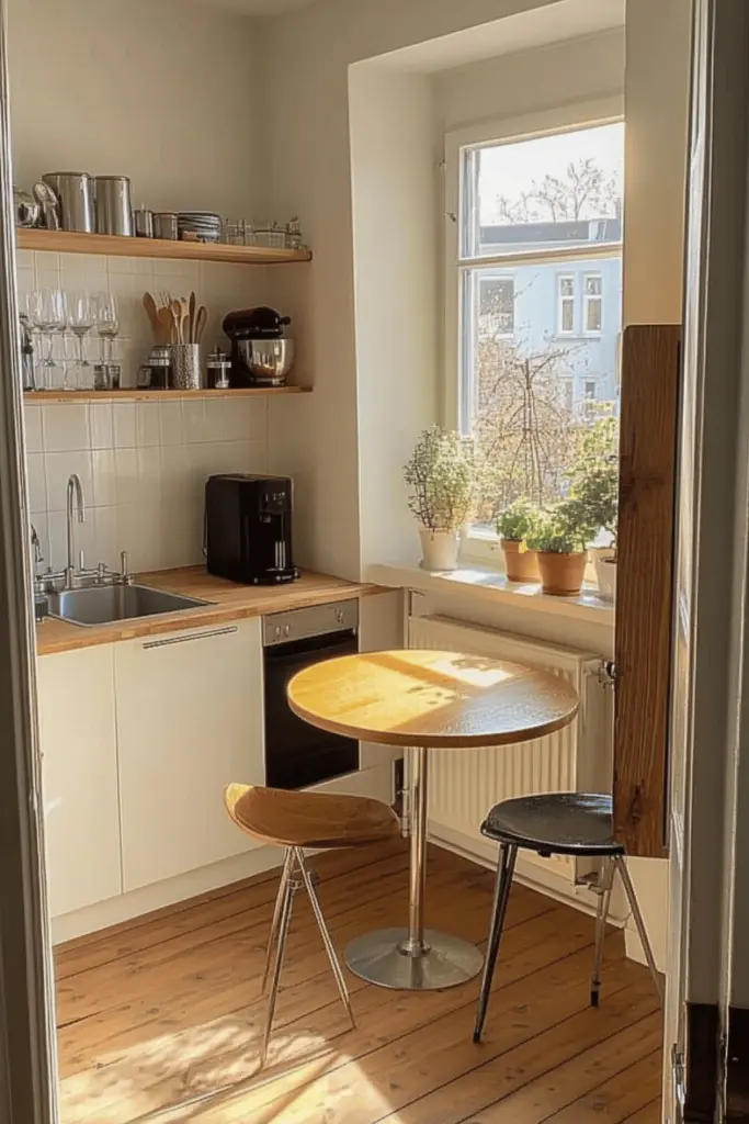 miniküche mit sitzplatz am fenster