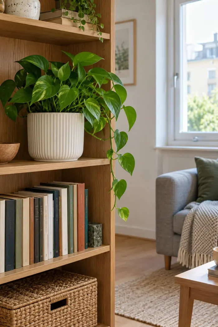 Grüne Efeutute im geriffelten Übertopf an einem Bücherregal