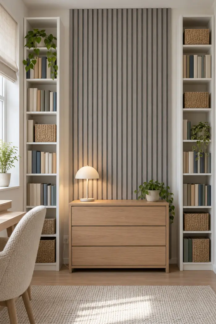 Graue Lamellen zwischen zwei hellen Bücherschränken
