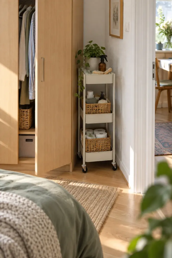 schiebe einen Rollwagen zwischen Schrank und Wand in kleine bewohnte deutsche Wohnung mit einer klar erkennbaren baulichen Nische