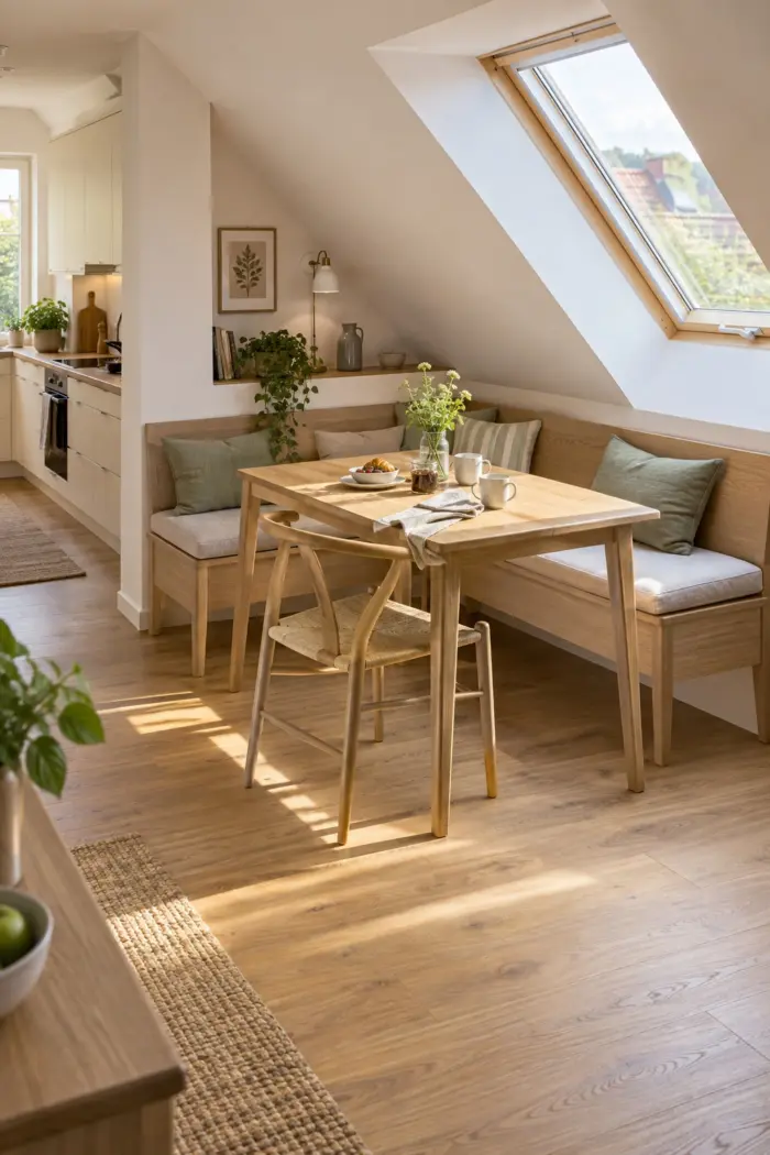 Gepolsterte Eckbank aus hellem Holz mit kleinem Esstisch unter der Dachschräge einer gemütlichen Küche