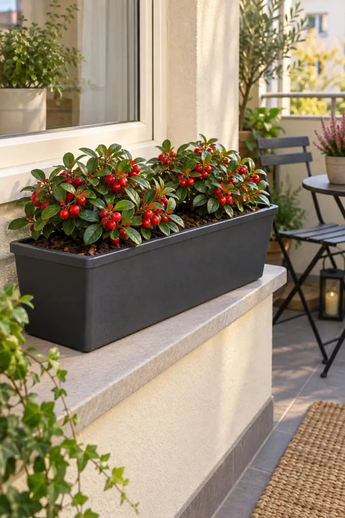 Rote Scheinbeeren in einem anthrazitfarbenen Kasten am Balkonfenster