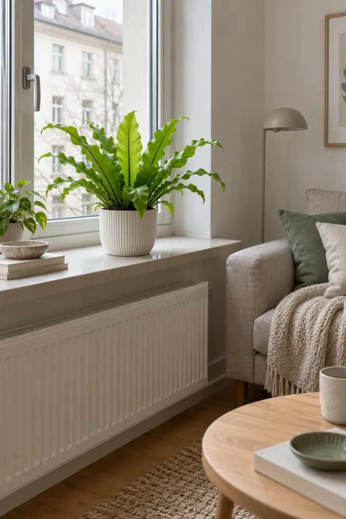 Nestfarn im weißen Keramiktopf auf einer breiten Fensterbank