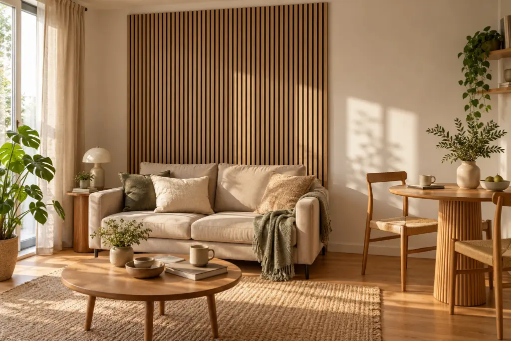 Ein kleines Wohnzimmer mit heller Lamellenwand hinter Sofa und Essplatz