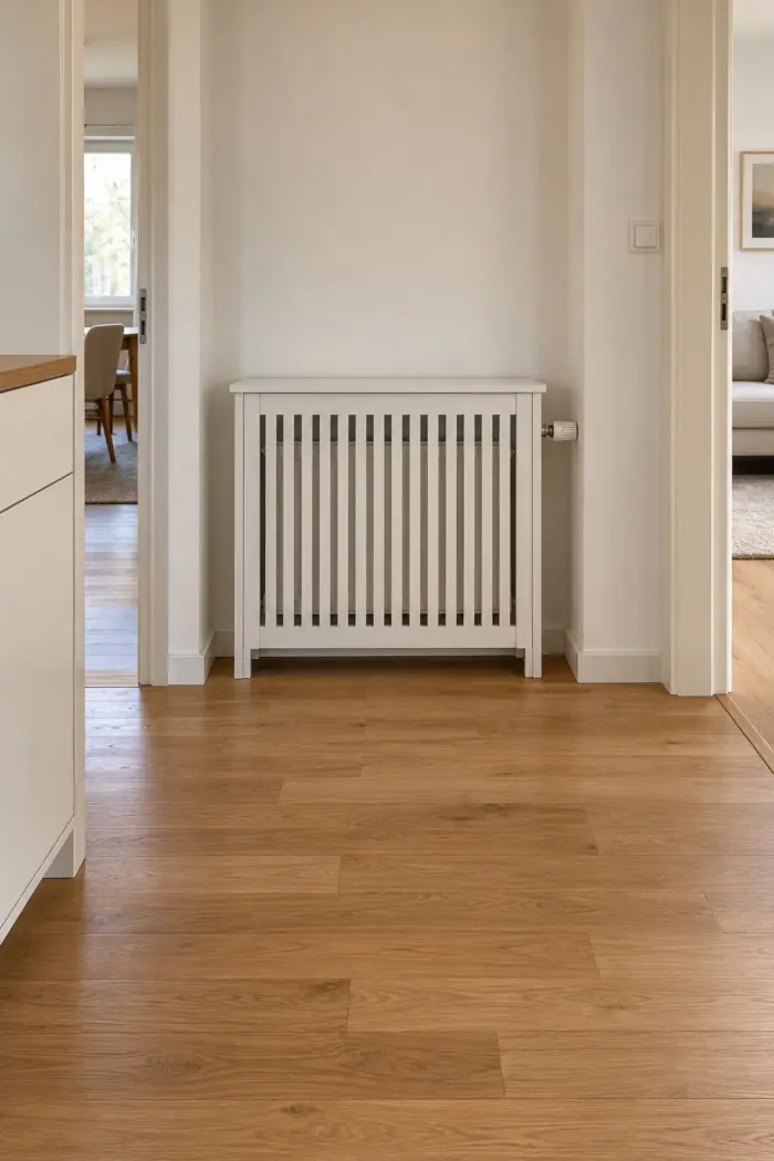 Schmale weiße Lamellenverkleidung in einer Wandnische