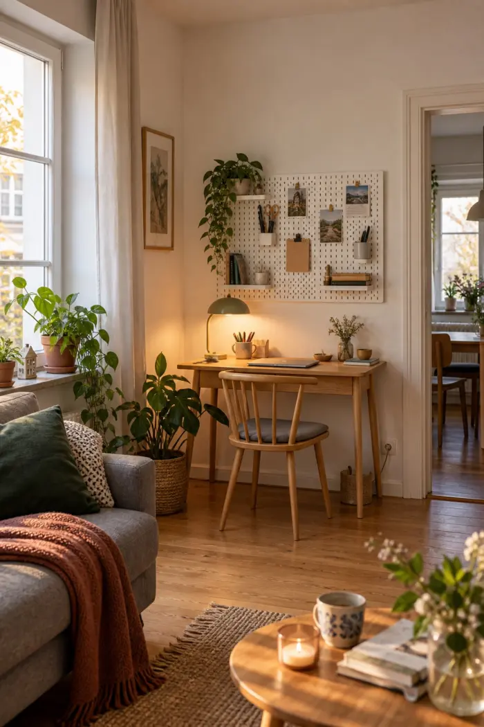 Weiße Stecktafel über kleinem Holzschreibtisch im bewohnten Wohnzimmer
