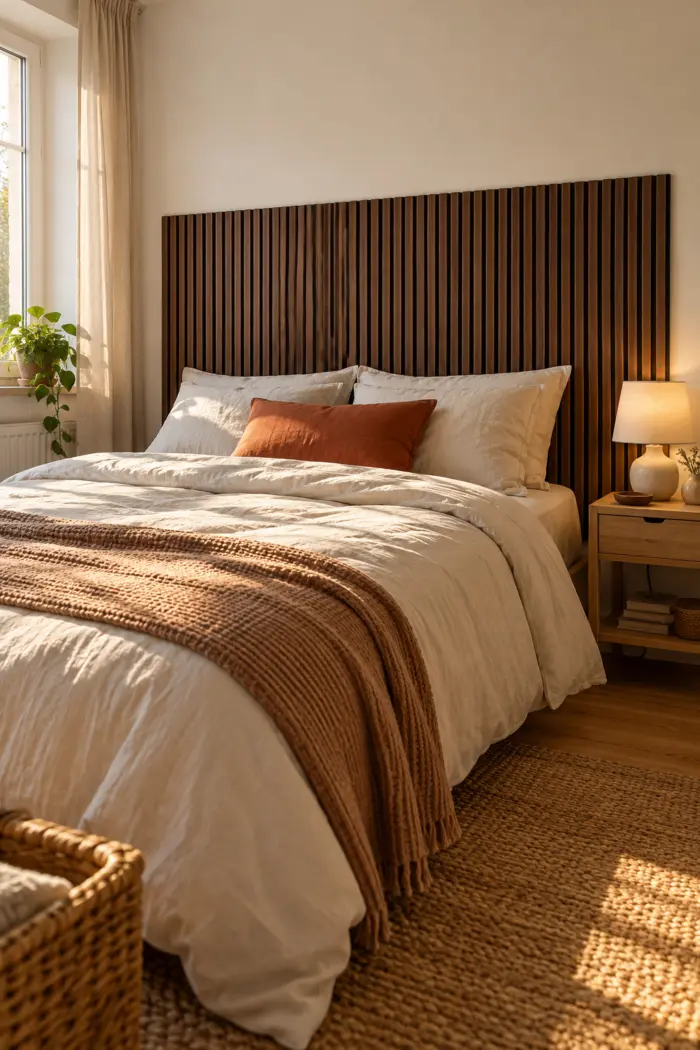 Halbhohe dunkle Lamellenwand als Kopfteil hinter dem Bett