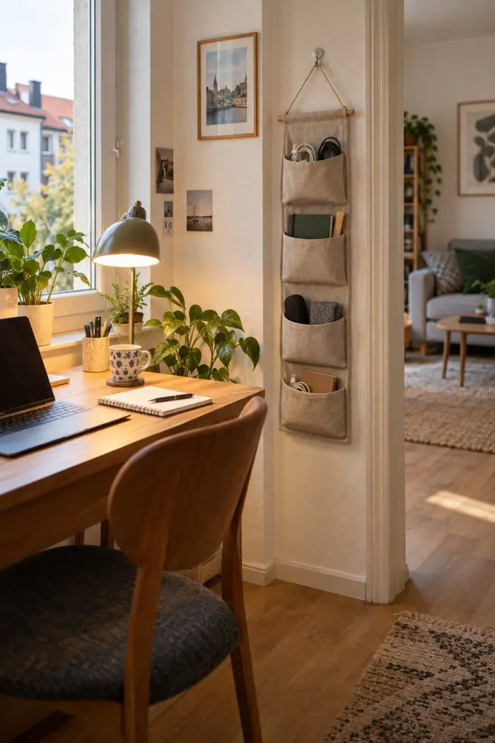 hänge einen Organizer an die schmale Seitenwand in kleine bewohnte deutsche Wohnung mit einer klar erkennbaren baulichen Nische