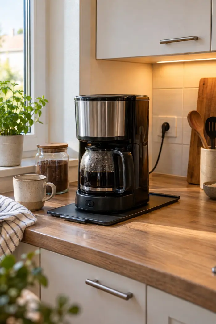 schiebe die Kaffeemaschine auf einer Gleitmatte vor in kleine bewohnte deutsche Küche mit realistischen Steckdosen, Kabeln und freien Arbeitswegen